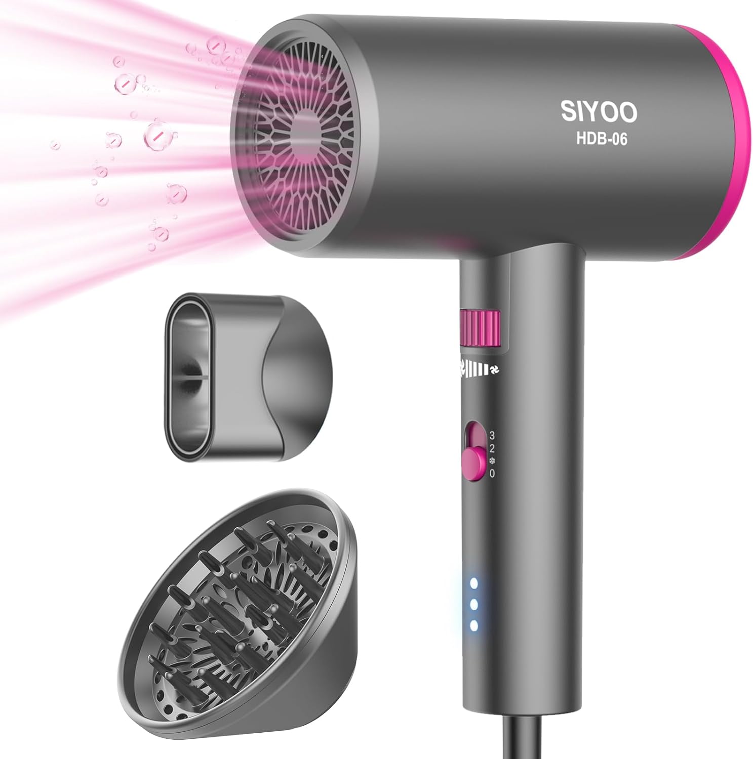 SIYOO professional ionic hair dryer in pink with diffuser, nozzle, and magnetic attachments